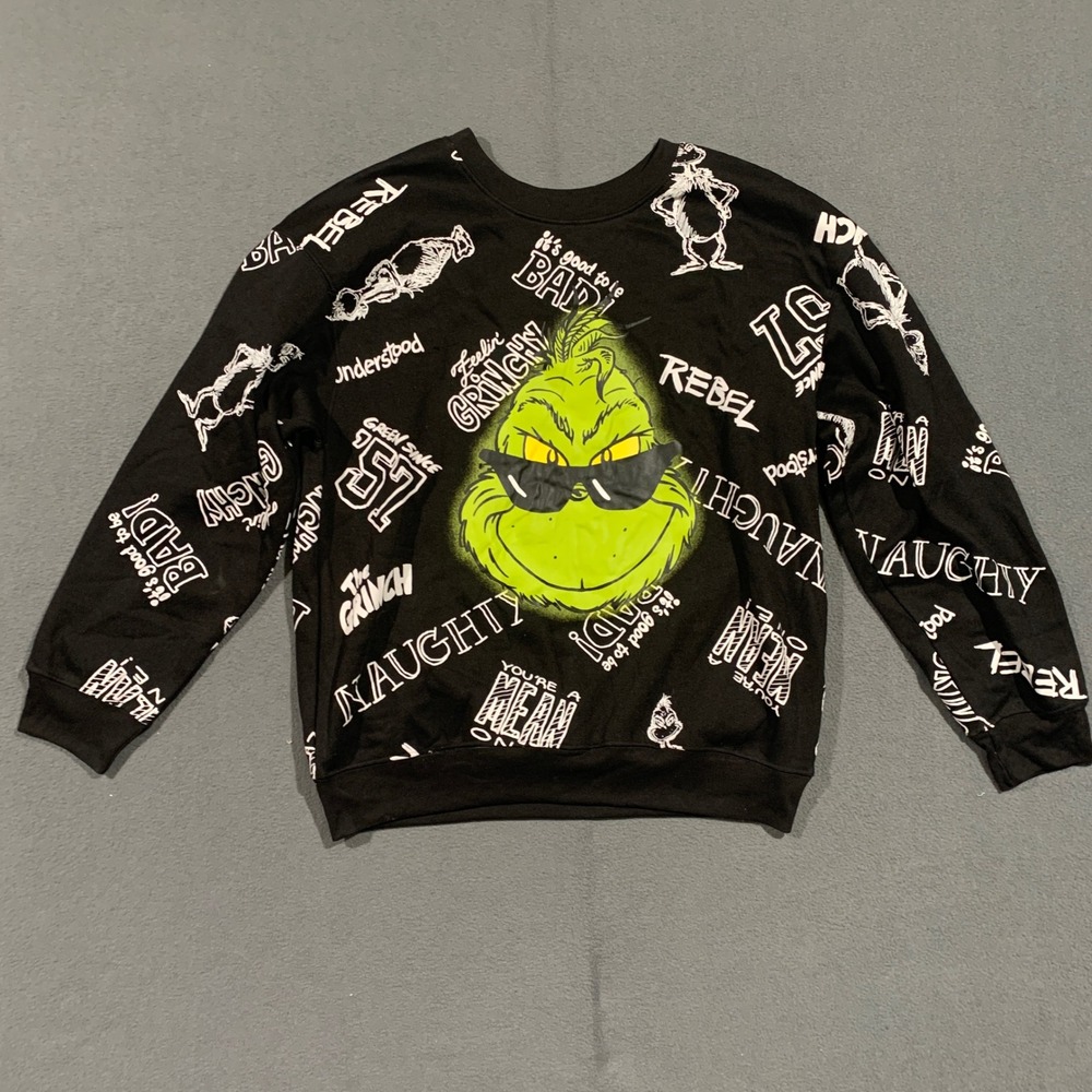 The Grinch Graphic Crewneck Sweatshirt Mens Size L Black All Over Print Dr Seuss
